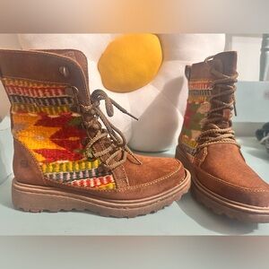 Born Brown Suede Boots with Colorful Aztec Pattern